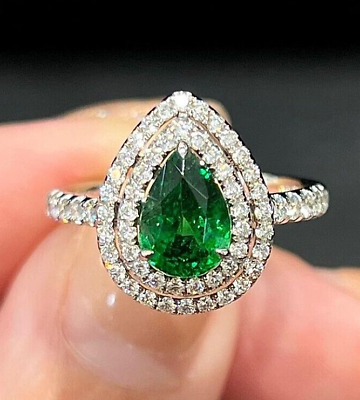 #ad Natural Emerald and Diamond 14k Solid White Gold Ring All Sizes $593.33