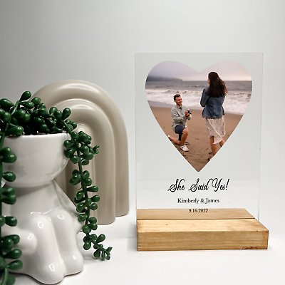 #ad Personalized Heart Shape 1 Photo Frame With Wood Base Desk Christmas Birthday $24.95