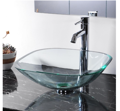 #ad Bathroom Tempered Glass Vessel Sink Natural Clear Square Shape Transparent 17 in $114.99