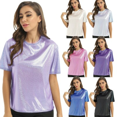 #ad Women#x27;s Shiny Metallic Holographic Short Sleeve T Shirt Tops Tee for Raves Party $9.78