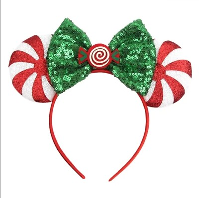 #ad Disney® Mouse Ears Headband Christmas Candy Green Bow #10 $15.95
