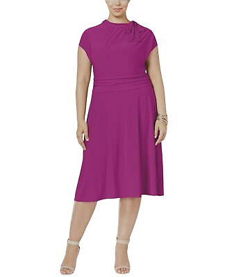 #ad Plus Size Fit amp; Flare 1X Dress A line Mock Tie Neck Navy Berry Sizes $29.99