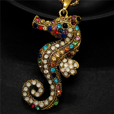 #ad Fashion Women Vintage Color Crystal Cute Sea Horse Pendant Animal Necklace Gift $3.77