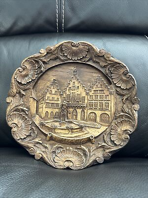 #ad “Frankfurt a Main” Germany 3D Wood Like Resin Carved Look Decor Plate 9” Travel $14.00