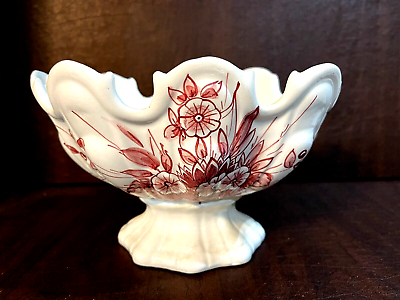 #ad Antique 19th Century Italian Pedestal Fruit Bowl red white $49.99