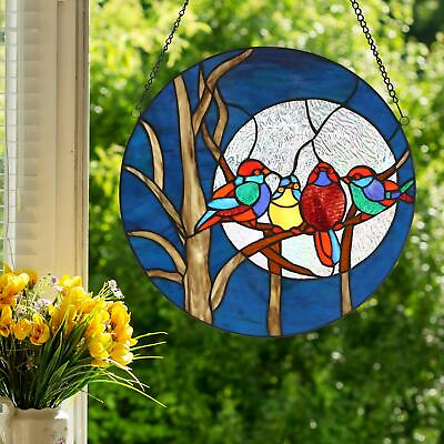 #ad Happy Birds Suncatcher Tiffany Style Stained Glass Window Panel 16in Round $98.77