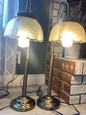 #ad Pair Vintage Antique?Frosted Globe Glass Floral Lamp 26” Tall Adjustable Heavy $199.99