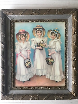 #ad Antique 3 Wedding Flower Girls Print with Antique Wooden Frame 15quot; x 19quot; Image $249.99