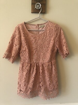 #ad Polagram Womens Size M Dusty Rose Pink Lace Blouse Short Sleeve $24.99