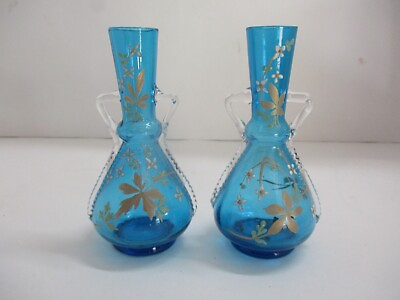#ad 2 Antique Hand Painted Blue Glass Floral Small Vases $24.98