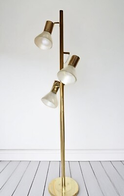 #ad Rare MCM Mid Century Brass Three Light Pole Tension Floor Lamp $228.75