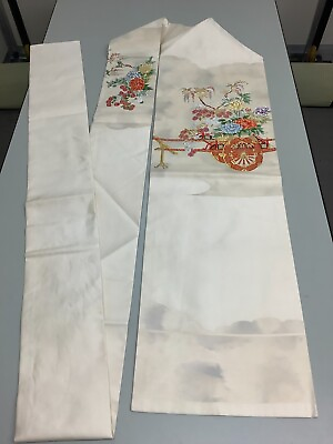 #ad Japanese Vintage Kimono Nagoya Obi polyester White embroidery tradition 141x11in $59.90