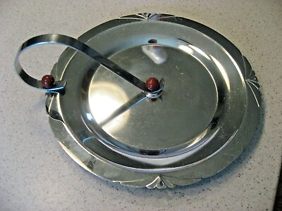 #ad Vintage Mid Century Modern Metal Round Serving Tray with Handle 10quot;D Art Deco $20.00