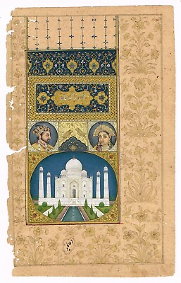 #ad Mughal Miniature Painting Of King And Queen Portrait With Taj Mahal 5x8 Inches $299.99