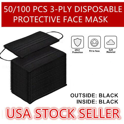 #ad 50 100 Pcs Black 3 Ply Face Mask Disposable Non Medical Surgical Cover $8.97