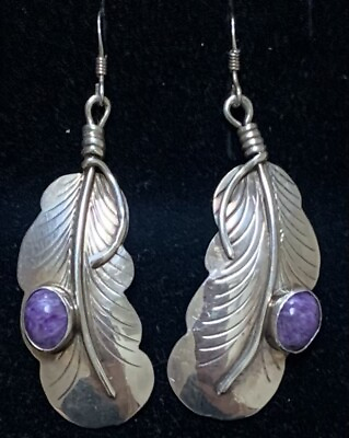 #ad Navajo Sterling Silver Purple Charoite Stone Feather Dangle Earrings $78.00