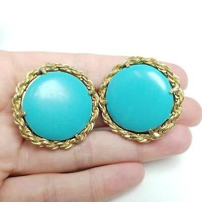 #ad Vintage Robins Egg Blue Clip On Earrings with Gold Tone Rope Twist Setting Retro $25.00