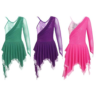 #ad iEFiEL Kids Girls Lyrical Ballet Dance Dress Long Sleeve Sequins Fancy Costume AU $24.75