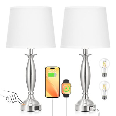 #ad White Lamps for Bedrooms Set of 2 Touch Control Bedside Lamp with USB CA ... $82.22