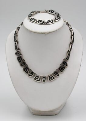#ad Vintage Mexican Taxco Sterling Silver amp; Black Enamel Necklace amp; Bracelet Set $193.50