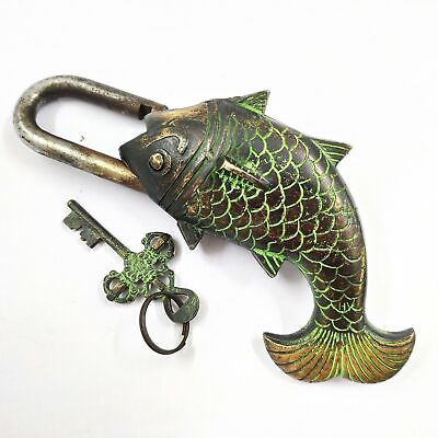 #ad Antique Vintage Heavy Rare Lock Key Set Collectible Padlock Working Fish Style $28.76