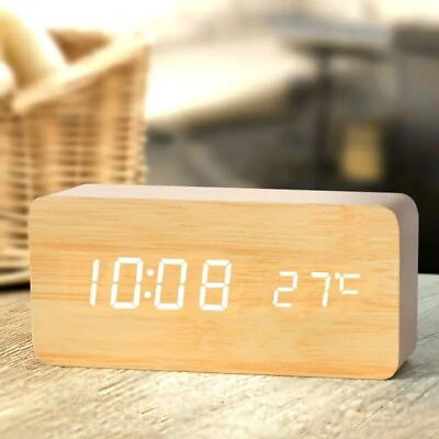 #ad Wooden Digital Alarm Desk Clock LED Large Temperature Dual Alarm Snooze 12 24H $7.99