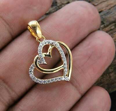 #ad 14K Yellow Gold Plated Double Heart Shape Pendant Round Moissanite Free Chain $159.24