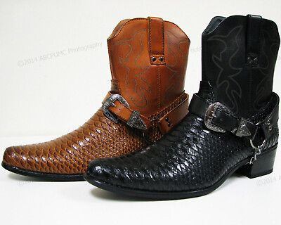 #ad Brand New Mens Cowboy Boots Western Snake Skin Print Zippper Buckle Harness Shoe $40.40