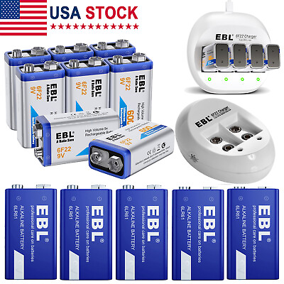 #ad Lot 9V Lithium Ion Rechargeable Batteries Charger 9 Volt Alkaline Battery $21.59