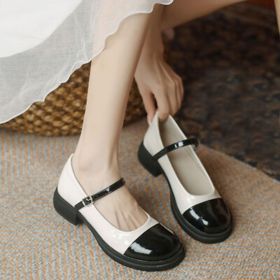 #ad New College Women Patent Leather Mary Janes Shoes Retro Buckle Flats Shoes Party $36.39
