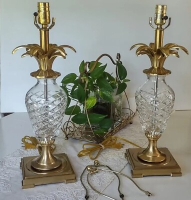 #ad Pair 28quot; Pineapple Table Lamps pair large Tropical Decor brass crystal $265.00