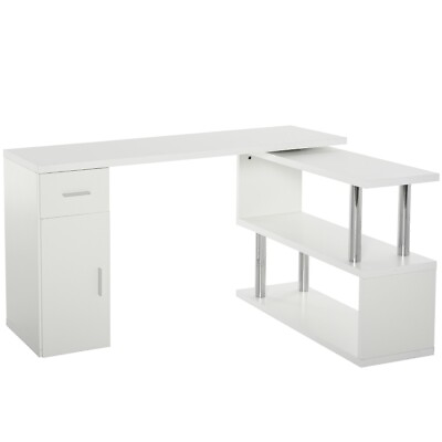 #ad L Shaped White Desk Wooden Home Office PC Desk w Adjustable Swivel Shelving Natu $168.47