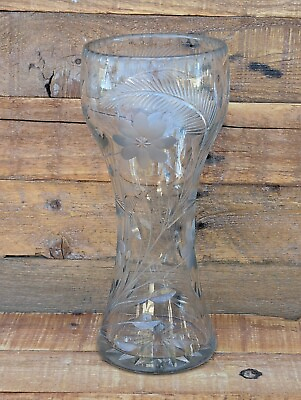 #ad Large Cut Glass Floral Vase Flowers Ferns Heavy $35.00