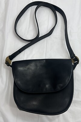 #ad Vintage 1990s Jones New York Small Leather Crossbody Bag Purse Flap Black Brass $27.68