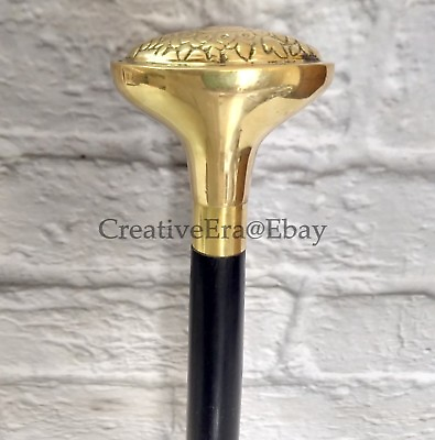 #ad Brass Head Handle Head Antique Walking Stick Black Wooden Brass Inlaid Cane Gift $36.49