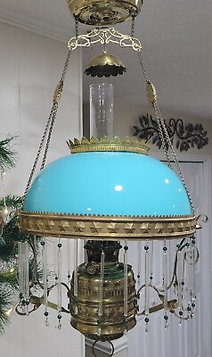 #ad VICTORIAN HANGING PARLOR OIL LAMP BLUE OPALINE SHADE ORNATE GORGEOUS W PRISMS $749.99