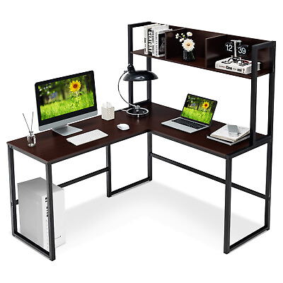 #ad 55quot; L Shaped Desk Corner Computer Desk Writing Workstation Table w Hutch Teak $129.99