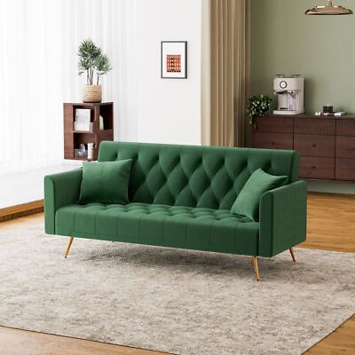 #ad Modern Green Velvet Sofa Convertible Comfy Sofa Sleeper Bed Couch with 2 Pillows $284.99