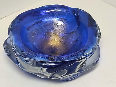 #ad Seguso Murano Gold Blue Glass Bowl $225.00