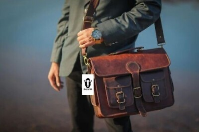 #ad Men#x27;s Genuine Vintage Briefcase Satchel Brown Leather Messenger Laptop Bag $66.00