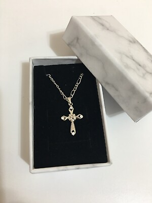 #ad 18K White Gold Plated Stamped Small Cross Pendant Necklace Man Or Woman $20.00