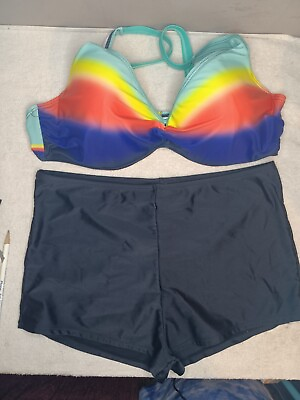 #ad #ad 2 piece Multicolor Bikini Boy Shorts Bottom Shoulder Strap Style Top $9.00