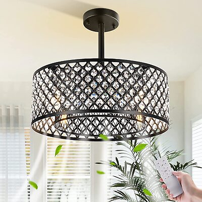 #ad 18quot; Modern Crystal Ceiling Fan Light Bladeless Caged Chandelier Fan Lamp Remote $79.99