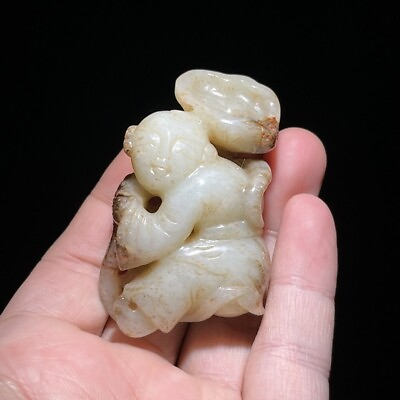 #ad Chinese Antique Song Dynasty Hetian Ancient Jade Carved Figure LotusLeaf Pendant $399.00