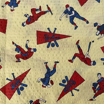 #ad Vintage Fabric MLB Baseball Seersucker Material Yellow Red Blue By the Yard $4.00