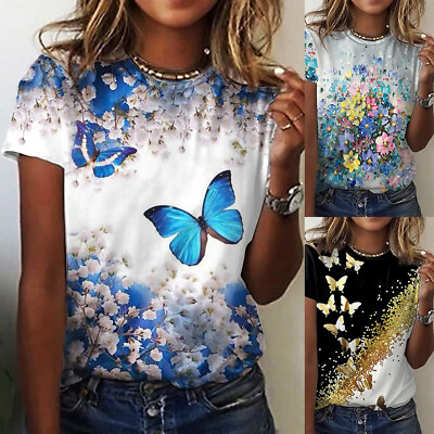 #ad Women Floral Printed T Shirt Ladies Summer Short Sleeve Casual Loose Tunic Tops $14.59