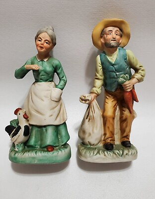 #ad Vintage Country Farm Couple Figurines Pair Grandma amp; Grandpa Matte Ceramic $11.97