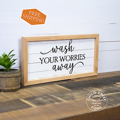 #ad Wash Your Worries Away Sign Framed Wood Decor Bathroom Wash Room F1 07140001007 $19.95
