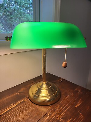 #ad Vintage Brass Bankers Lamp with Green Glass Curved Shade 13quot; Tall Tested amp; Works $27.00