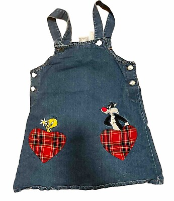 #ad Tweety Bird Silvester Looney Tunes Plaid Denim Jumper Dress Size 6x Vintage 90s $18.52